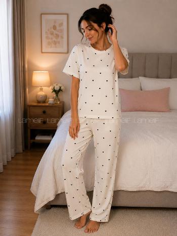 Lamelif Kadın Kalp Desen Milan Pijama Kumaş