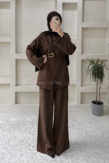 Bitter Brown Neckband Long Arm Elastan Polyester Regular Trousers Comfortable Suit