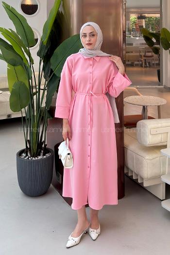Candy Pink Shirt Collar Cotton Dresess