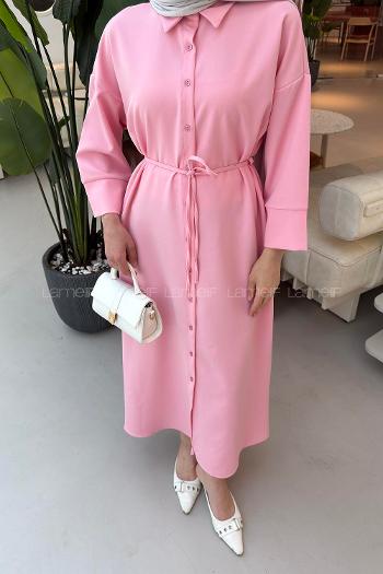 Candy Pink Shirt Collar Cotton Dresess
