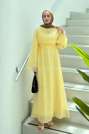 Yellow Crew Neck Cotton Dresess