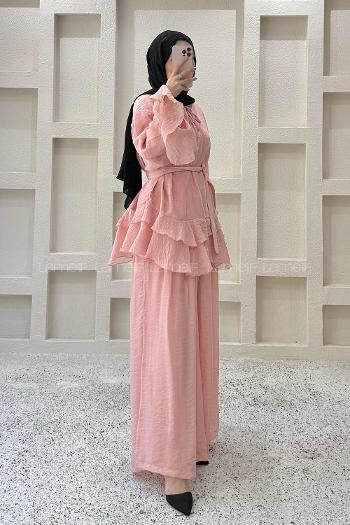 Lamelif Volan Detaylı Etekli Takım Pembe