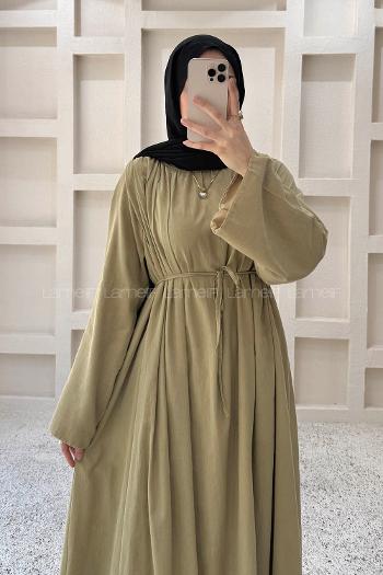 Oil Green Crew Neck Linen Dresess