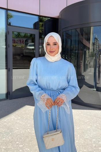 Lamelif Dantel Detaylı Matteo Elbise Bebe Mavisi