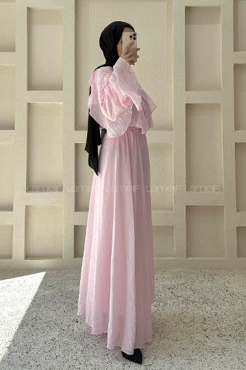 Lamelif Fırfır Detaylı Tül Modal Etekli Takım Pembe
