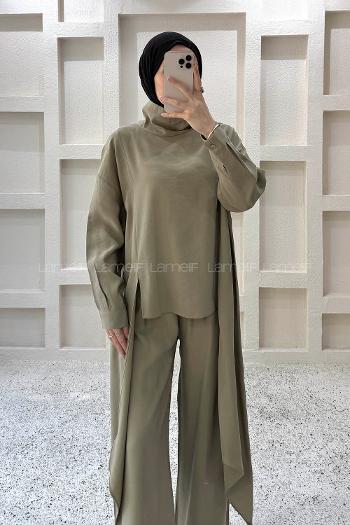 Khaki Choker Neck Long Arm Viscose Fabric Regular Trousers Comfortable Suit