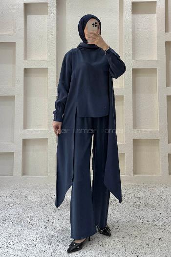 Navy Blue Choker Neck Long Arm Viscose Fabric Regular Trousers Comfortable Suit