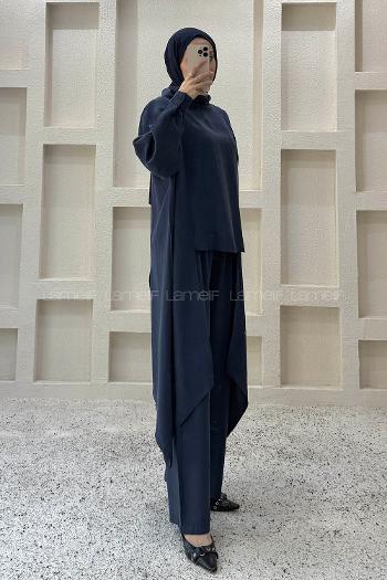 Navy Blue Choker Neck Long Arm Viscose Fabric Regular Trousers Comfortable Suit
