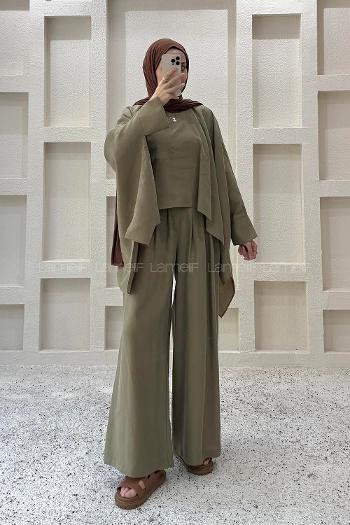 Khaki Neckband Long Arm Viscose Fabric Regular Trousers Comfortable Suit