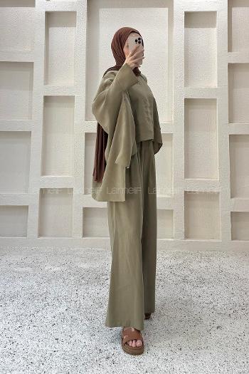 Khaki Neckband Long Arm Viscose Fabric Regular Trousers Comfortable Suit