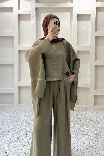 Khaki Neckband Long Arm Viscose Fabric Regular Trousers Comfortable Suit