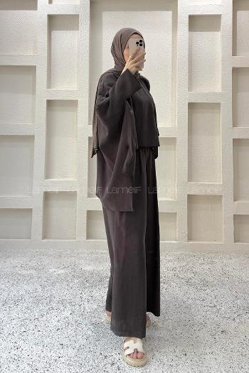 Dark Brown Neckband Long Arm Viscose Fabric Regular Trousers Comfortable Suit