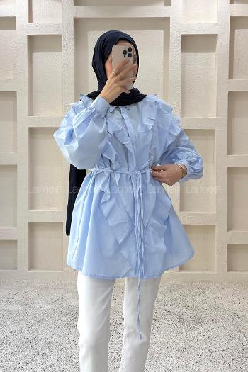 Lamelif Bağlama Detaylı Volanlı Gömlek Bebe Mavisi