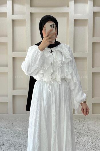 White Crew Neck Long Arm Ayrobin Skirt Suit