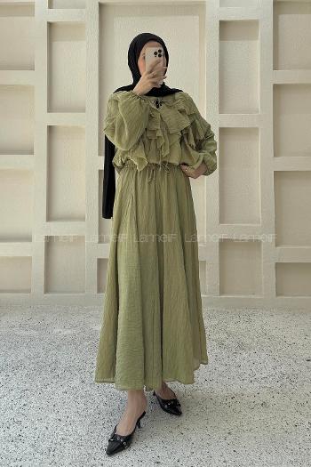 Oil Green Crew Neck Long Arm Ayrobin Skirt Suit