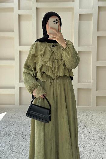 Oil Green Crew Neck Long Arm Ayrobin Skirt Suit