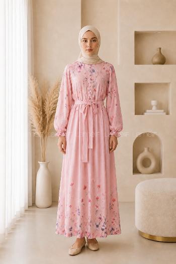 Lamelif Çiçek Baskılı Bağlama Detaylı Tesettür Elbise Pembe