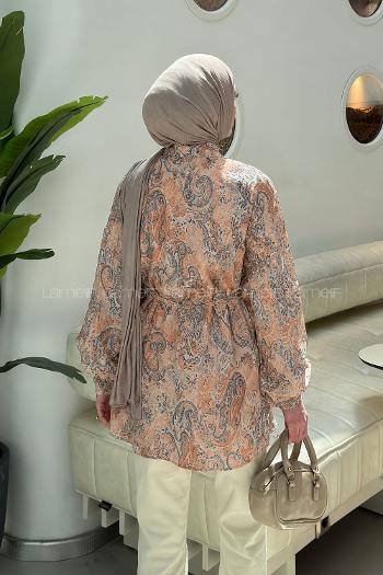 Orange Shirt Collar Long Arm Sandy Fabric Printed Shirt