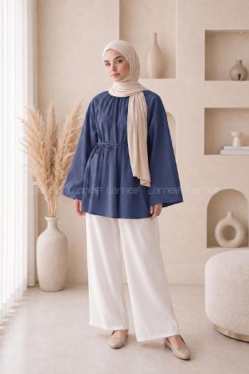 Lamelif Geniş Kol Dik Yaka Oversize Tunik Lacivert