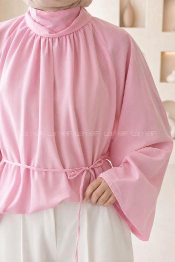 Lamelif Geniş Kol Dik Yaka Oversize Tunik Pembe
