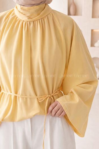 Lamelif Geniş Kol Dik Yaka Oversize Tunik Soft Sarı