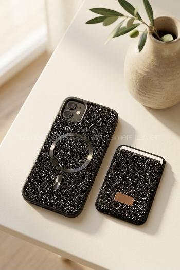 Lamelif iPhone 11 Swarovski Taşlı Mıknatıs Cüzdanlı Macsafe Kılıf