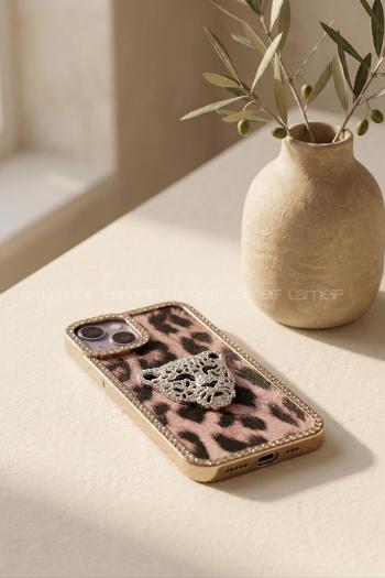 Lamelif iPhone 13-14 Leoparlı Taşlı Kılıf
