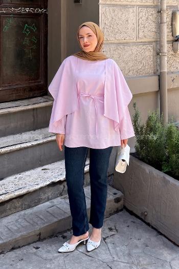 Lamelif Pelerin Detaylı Oversize Tunik Pembe