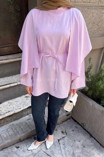 Lamelif Pelerin Detaylı Oversize Tunik Pembe
