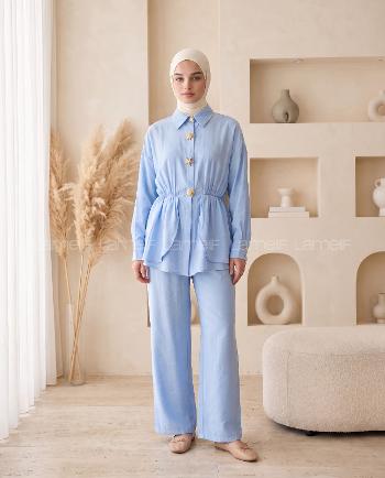 Blue Shirt Collar Long Arm Buckle Cotton Polyester Regular Trousers Suit