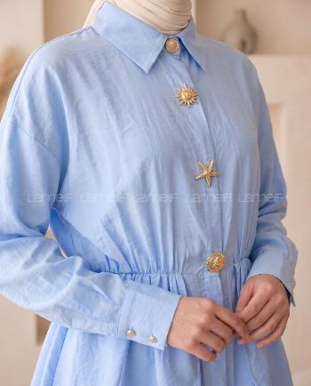 Blue Shirt Collar Long Arm Buckle Cotton Polyester Regular Trousers Suit