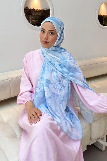 Lamelif Gül Çiçek Desen Lara Soft Şal Bebe Mavisi
