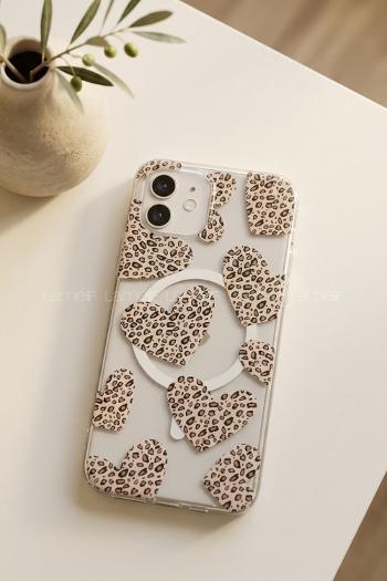 Lamelif iPhone 11 Leopar Desenli Kalp Güçlü Magsafeli Telefon Kılıfı