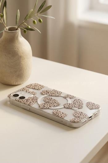 Lamelif iPhone 11 Leopar Desenli Kalp Güçlü Magsafeli Telefon Kılıfı