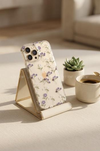Lamelif iPhone 11 Mavi Çiçekli Taşlı Telefon Kılıfı