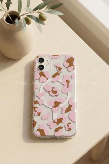 Lamelif iPhone 11 Pembe Leopar Desenli Güçlü Magsafeli Telefon Kılıfı