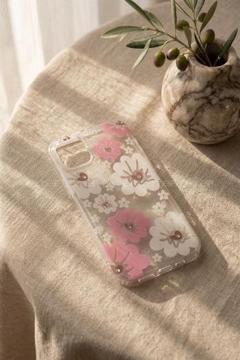 Lamelif iPhone 11 Pembe Çiçekli Taşlı Telefon Kılıfı