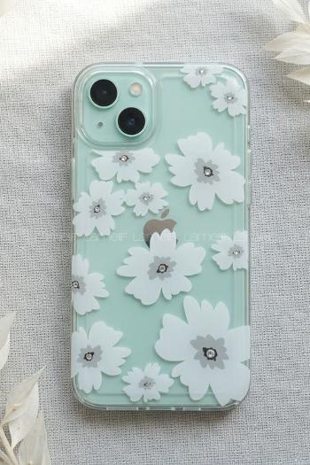 Lamelif iPhone 13/14 Beyaz Çiçekli Taşlı Telefon Kılıfı