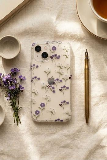 Lamelif iPhone 13/14 Mavi Çiçekli Taşlı Telefon Kılıfı