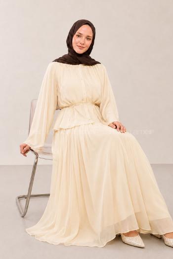 Lamelif Bağlama Detaylı Etekli Takım Krem