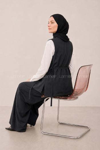 Lamelif Bağlama Detaylı Yelek-Pantolon Takım Siyah