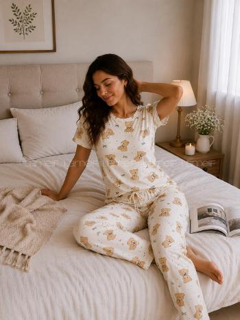 Lamelif Kadın Bisiklet Yaka Ayıcık Desenli Pijama Takımı