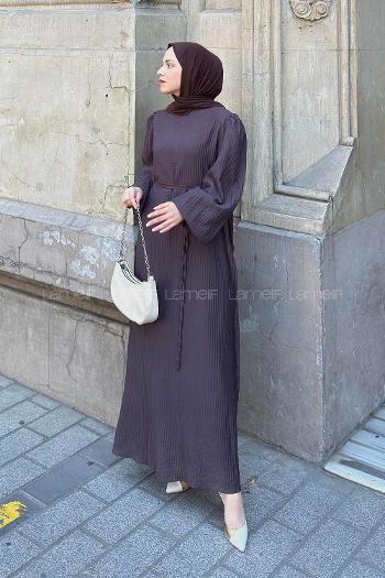 Lamelif Balon Kol Bağlama Detaylı Elbise Koyu Kahve
