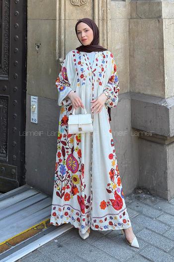 Lamelif Çiçek Detaylı Elbise Taş Rengi
