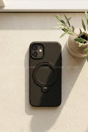 Lamelif iPhone 11 Elite Carbon 360 Dönebilen Standlı Magsafe Telefon Kılıfı