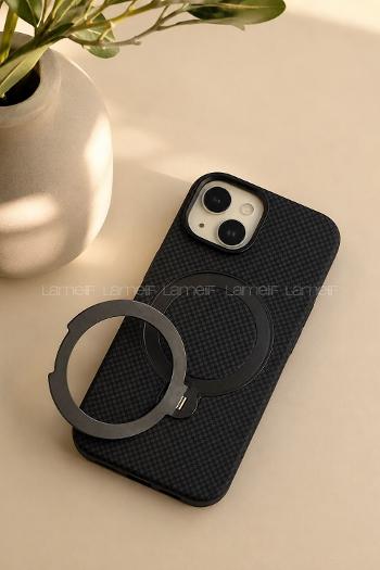 Lamelif iPhone 15 Elite Carbon 360 Dönebilen Standlı Magsafe Telefon Kılıfı