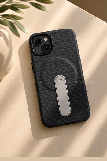 Lamelif iPhone 15 Elite Carbon 360 Dönebilen Standlı Magsafe Telefon Kılıfı