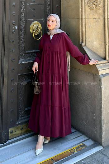 Claret Red Mandarin Collar Cotton Dresess