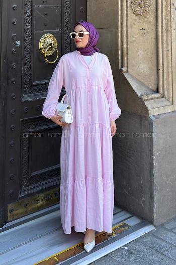 Lamelif Kat Detaylı Tensel Tesettür Elbise Pembe