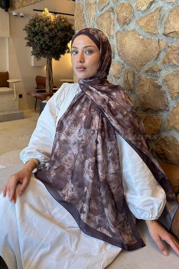 Lamelif  Botanik Çiçek Desen Lara Soft Şal Acı Kahve